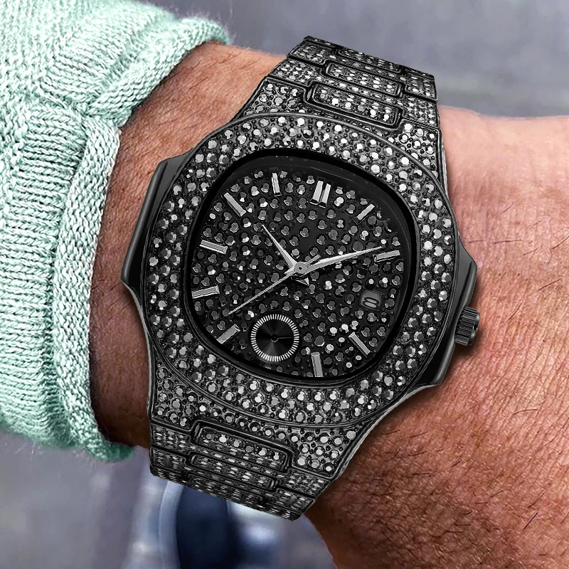 

Dropshipping AAA Iced Out Watch For Men Sports Watches Quartz Black Color Breitlying Hip Hop Male Chronograph Diamonds Watch