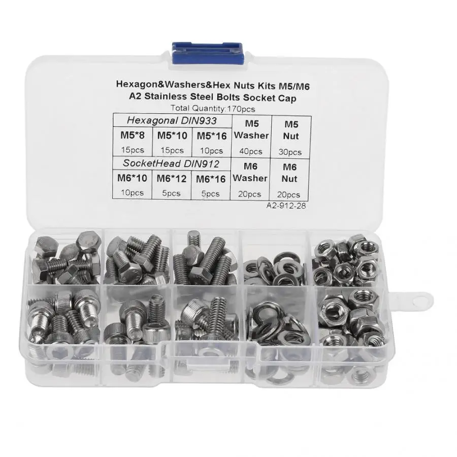 

Stainless Self Tapping Screws M5/M6 Hex Socket Nuts Head Cap,170pcs Stainless Steel Head Cap Screws Bolt Washers Nuts Kit