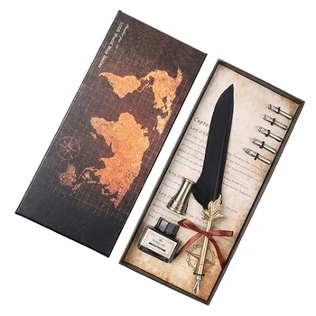 

Vintage Feather Pen Set Creative Business Dip Calligraphy Fountain Pen with Writing Ink 5 Nibs Kit Set Stationery Festival Gift