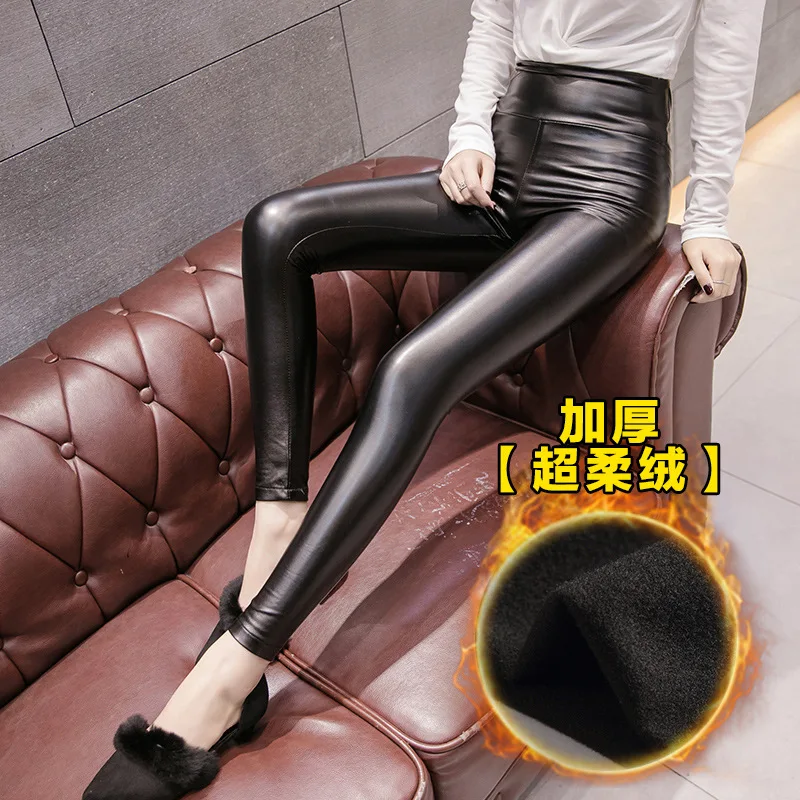 add velvet Плюс размер 5XL леггинсы из искусственной кожи для женщин осень зима плюс бархат мягкий теплый Высокая талия длинный тонкий - Цвет: add velvet