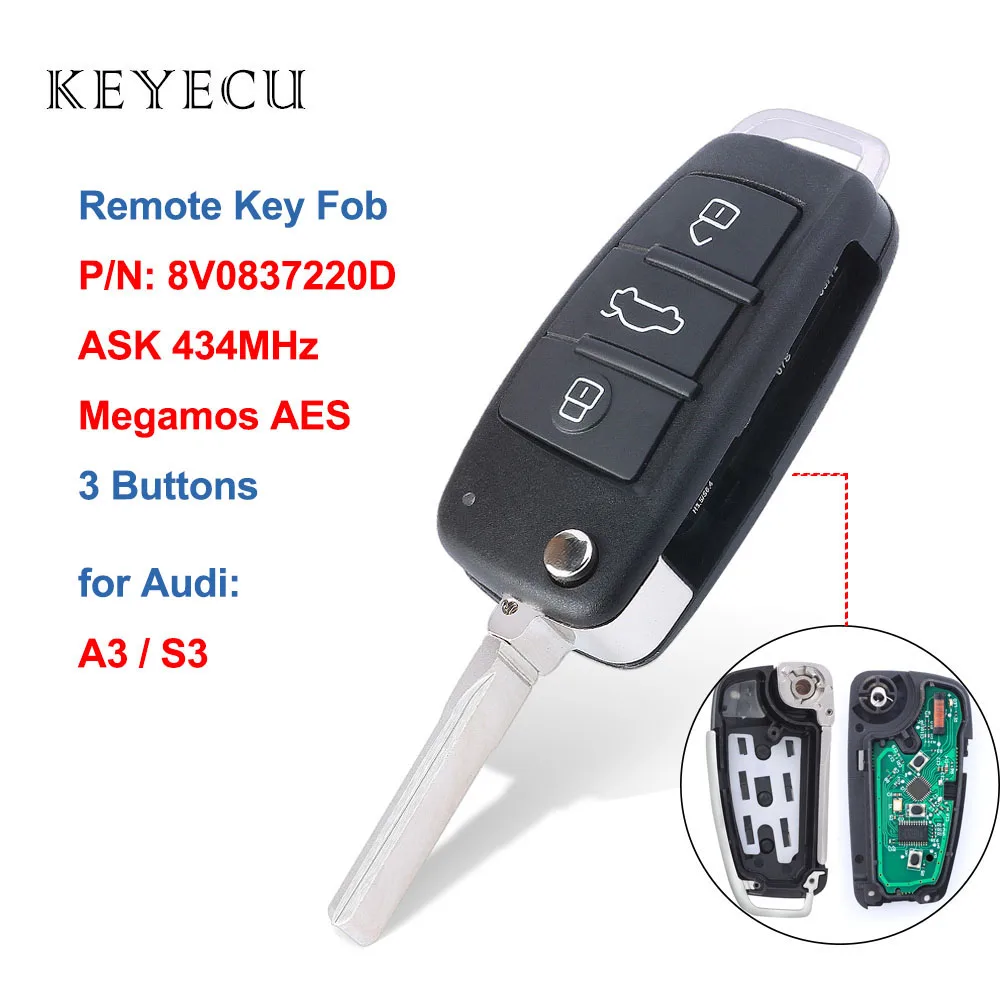Keyecu 8V0 837 220D 434 МГц Keyless дистанционный ключ-брелок от машины для Audi A3 S3 2012 2013 2014 2015