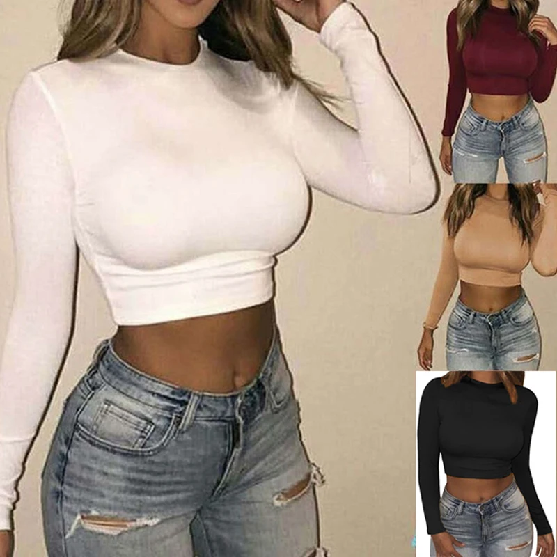Women Sexy Short T-shirts Fashion Long Sleeve T-shirt Autumn Female Basic Tees Silm Solid Color Crooped Tops | Женская одежда