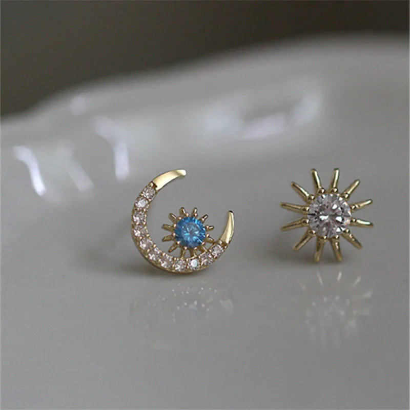 925 Sterling Silver Star Moon Stud Earrings Women 14k Gold Plating Inlaid Blue Crystal Temperament Elegant Goddess Jewelry Gift - Image 5