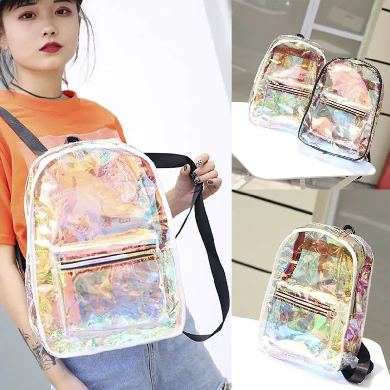 

New Fashion PU Girls Women Clear Backpack Transparent Laser Glitter Colorful Jelly Candy Shoulders Bag School bag