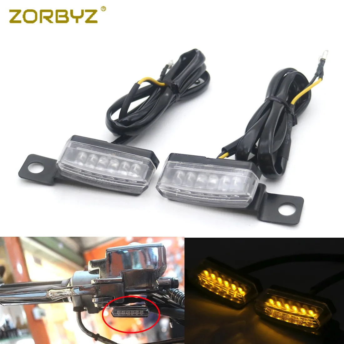 ZORBYZ Mini LED Black Brake Clutch Lever Mount Turn Signal Lights For Honda Yamaha Kawasaki Choppers Street Bikes