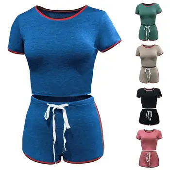 

Women Sports Splicing Short Sleeve T-shirt Top Shorts Fitness Clothes Set Women Short Sleeve Set 2 Piece Summer Casual Seam