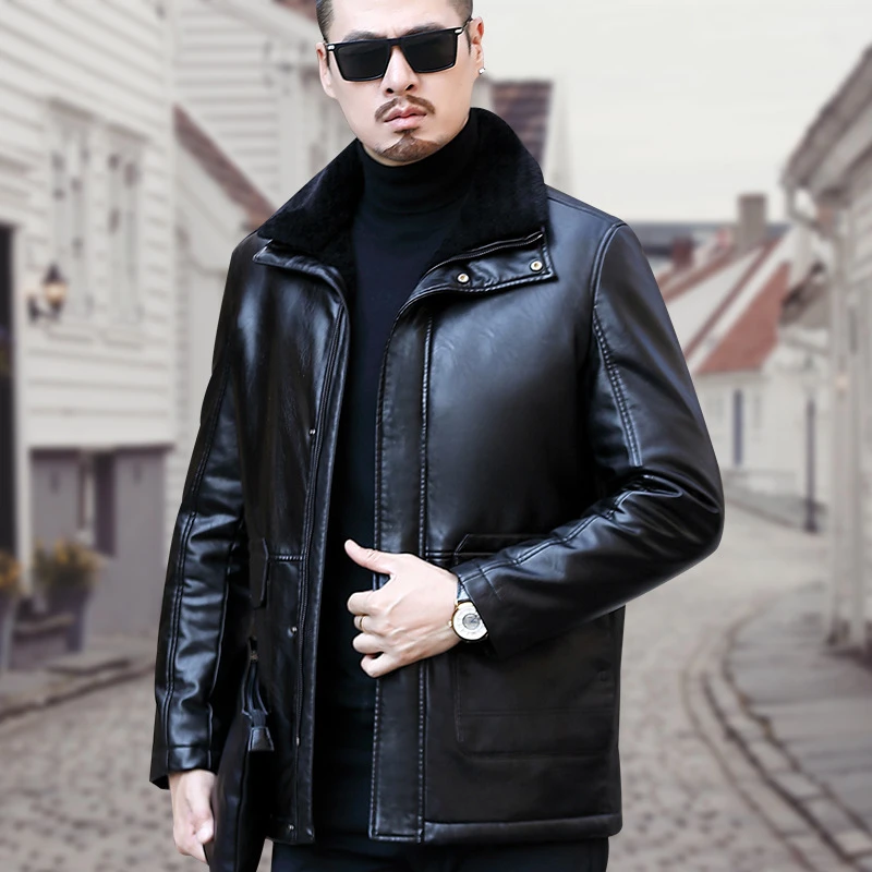 Chaquetas de con solapa de terciopelo para hombre, chaquetas gruesas informales a la moda, ropa de talla grande de mediana edad, invierno, Abrigos de cuero genuino| - AliExpress
