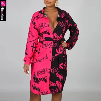 

Sketch Flare Dress Women Letter Printed Long Sleeve Chic Spring Fall Wrap Belt Loose Style Shirt Dress