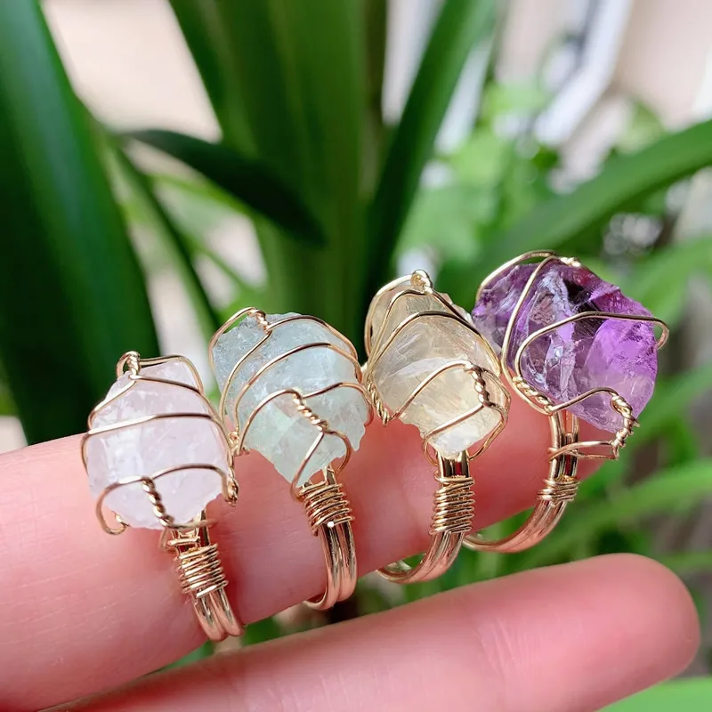 Raw Healing Stone Rings Wire Wrapped - Adjustable Gold Ring Fluorite