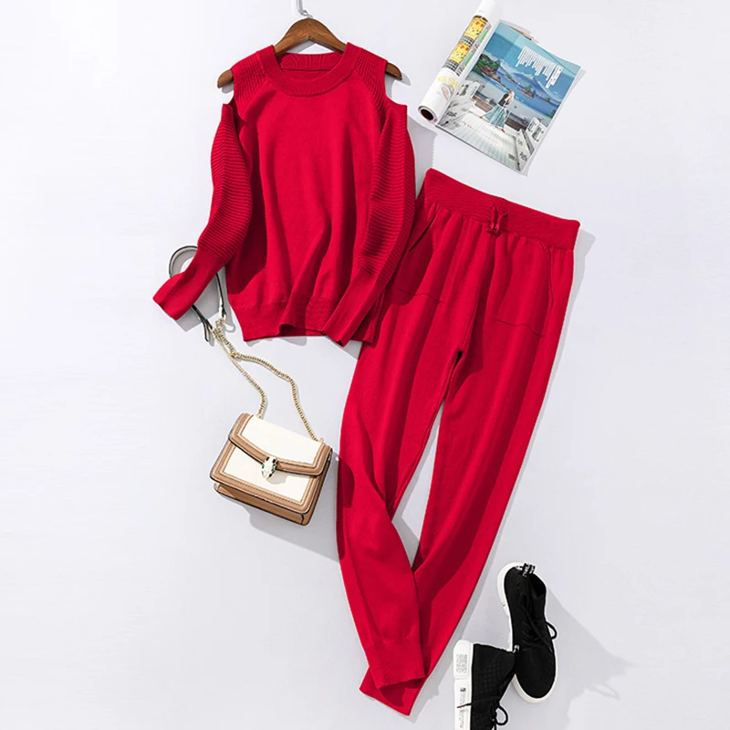 Модный женский свитер, комплекты на весну и осень, хлопок, плотные мягкие длинные штаны, трикотажные комплекты, повседневные спортивные костюмы из 2 предметов - Цвет: Красный