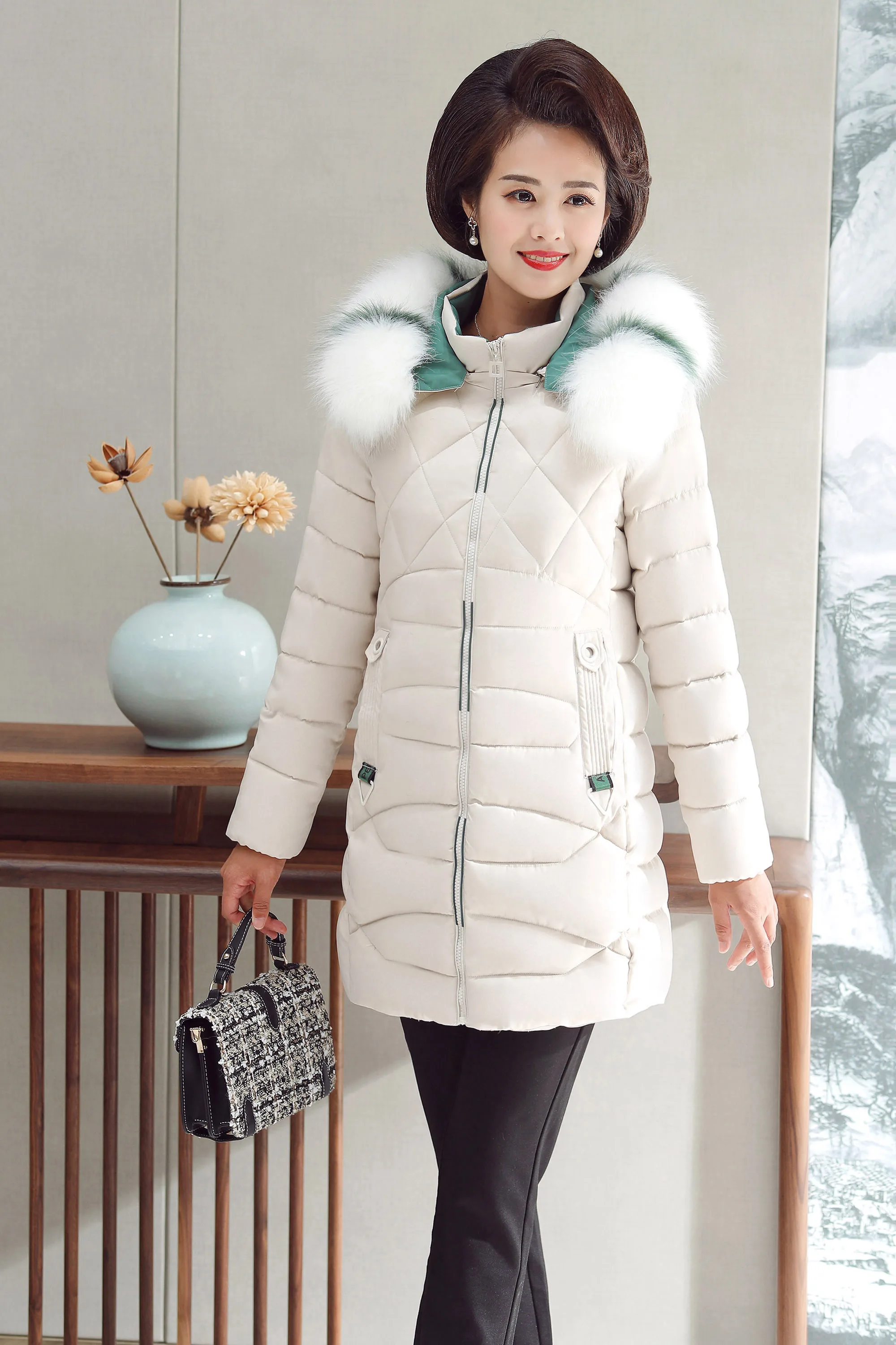 Женская зимняя куртка, искусственный большой меховой воротник, Женская куртка, тонкая длинная куртка с хлопковой подкладкой, зимнее пальто, парка