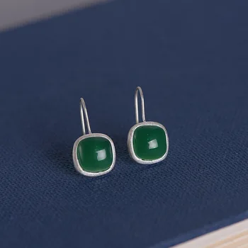 

FNJ Square Green Agate Earrings 925 Silver Original Pure S925 Sterling Silver Drop Earring for Women Jewelry