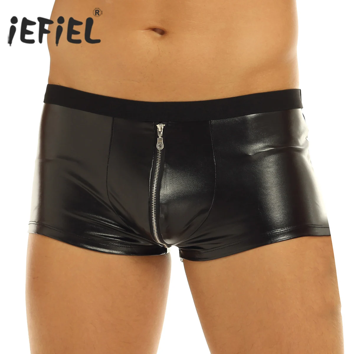 

iEFiEL Mens Lingerie Panties Wetlook Faux Leather Zipper Jockstraps Bulge Pouch Low Rise Gay Boxer Shorts Underwear Underpants
