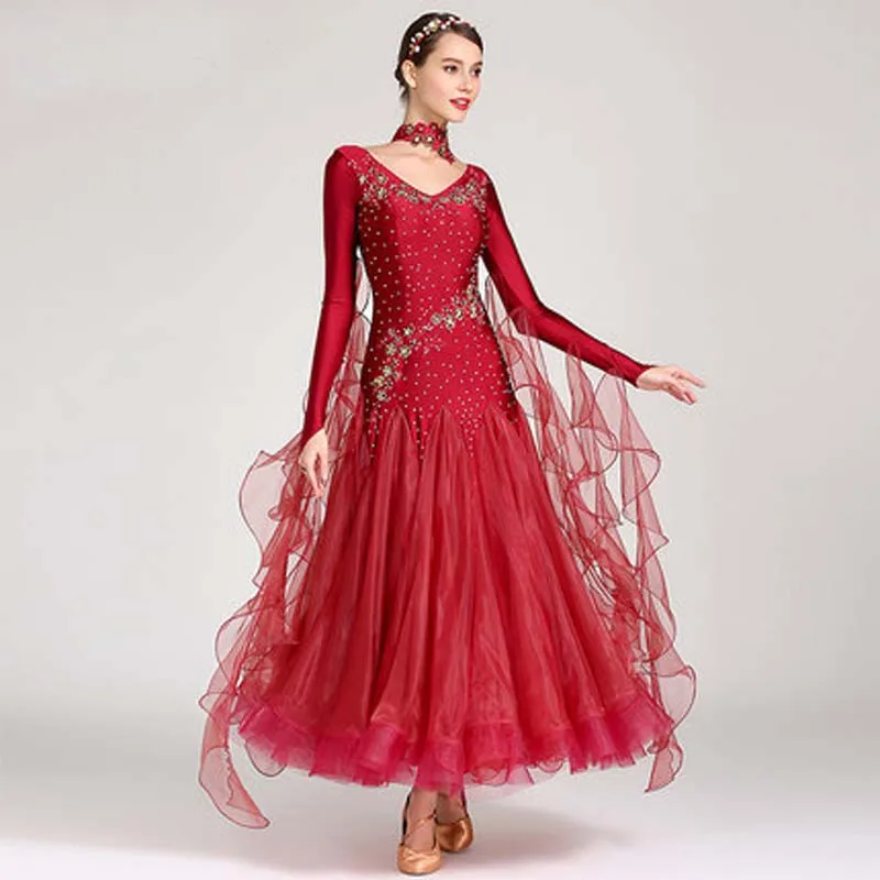 Standard Ballroom Dance Dresses of High Quality Long Sleeve Flamenco Dancing Skirt Women Cheap Stage Waltz Ballroom Dress