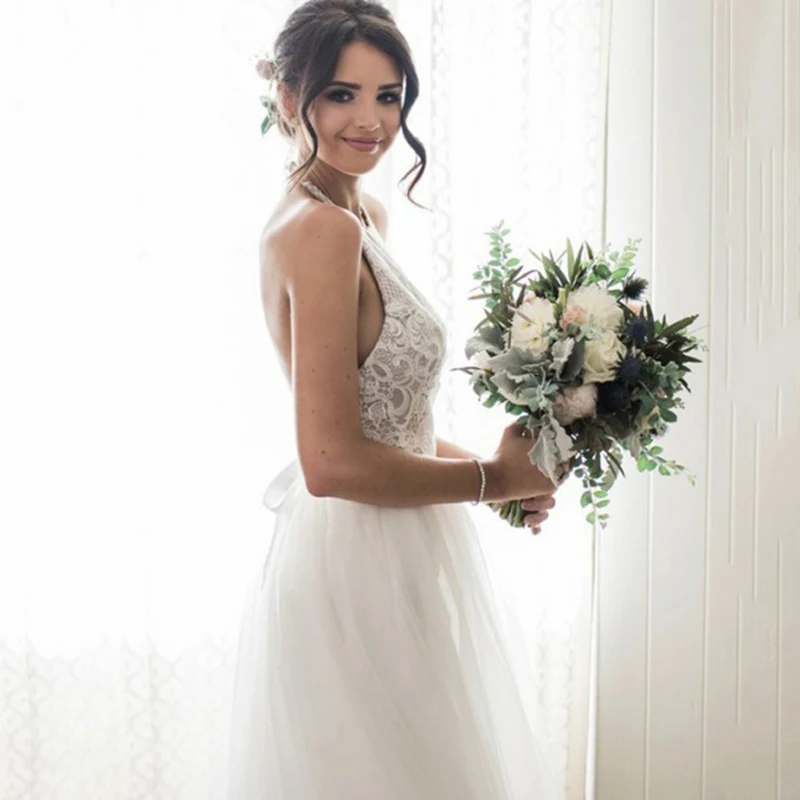 

High-end Beach Wedding Dresses 2020 Court Train Tulle Halter Custom Made Illusion Bridal Gowns