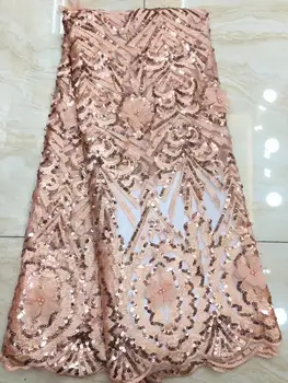 

African Net Sequins Laces 5yard Latest Nigerian Laces 2019 Golden Sequin Fabric For Sewing Dress Tulle Lace Fabric(7-19