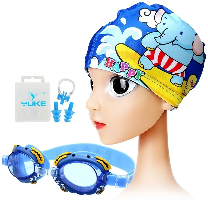 Детские плавательные очки с рисунком, милые прозрачные водонепроницаемые противотуманные очки высокого разрешения для маленьких мальчиков и шапочка для плавания