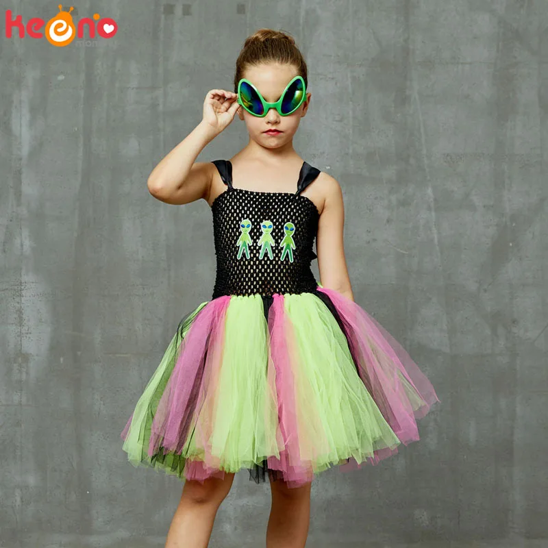 Green Alien Princess Girls Tutu Dress with Glasses Children Space