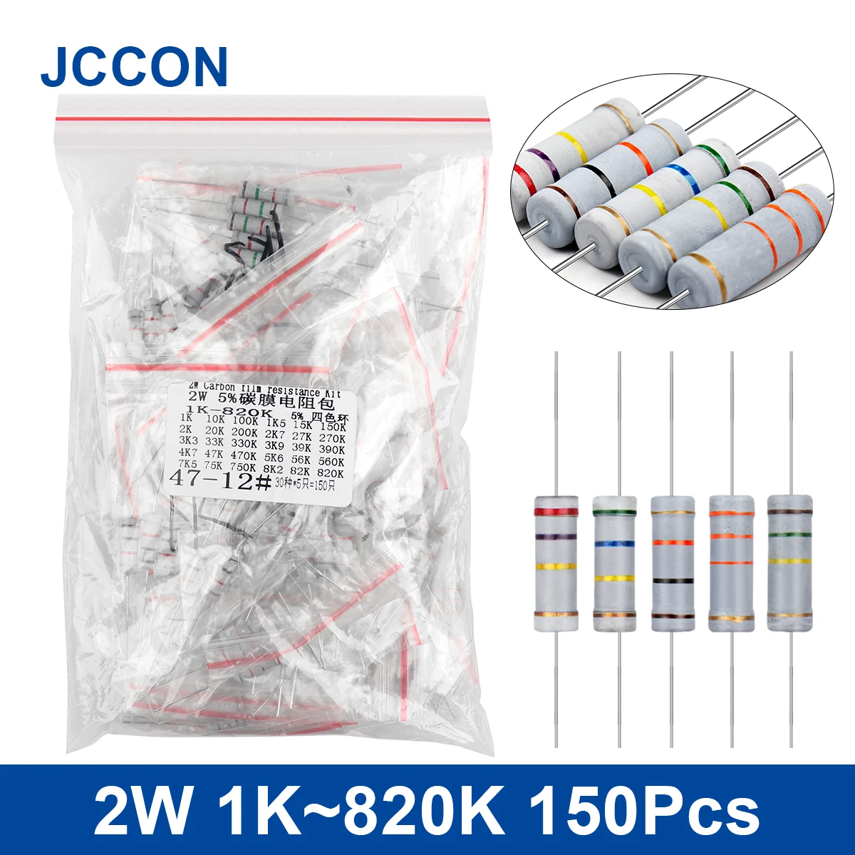 Carbon Film Resistor 150Pcs 2W 1K~820K Carbon Film Resistor Assorted Kit 30Values x 5Pcs=150Pcs Sample Kit Color Ring Resistance