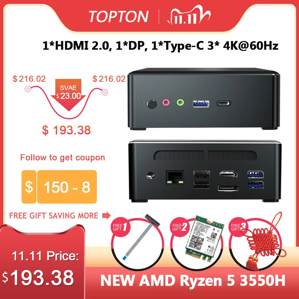 TOPTON-Mini PC AMD Ryzen R7 2700U R3 2200U Vega Graphic 2 * DDR4 M.2 NVMe, ordenador para juegos, Windows 10 4K HTPC HDMI2.0 DP AC WiFi