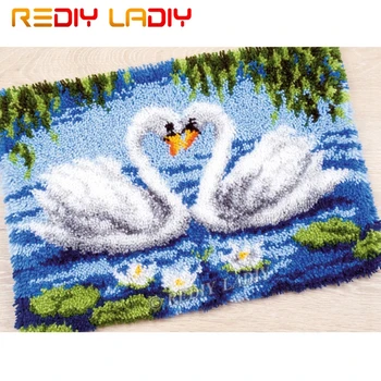 

Latch Hook Kits Make Your Own Rug White Swans Love Tapestry Crochet Cushion Mat DIY Carpet Rug Pre-Printed Canvas Hobby & Crafts