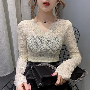 

COIGARSAM Sexy Lace blouse women New Full Sleeve Hollow Out Mesh V-Neck blusas womens tops and blouses Black Apricot 096