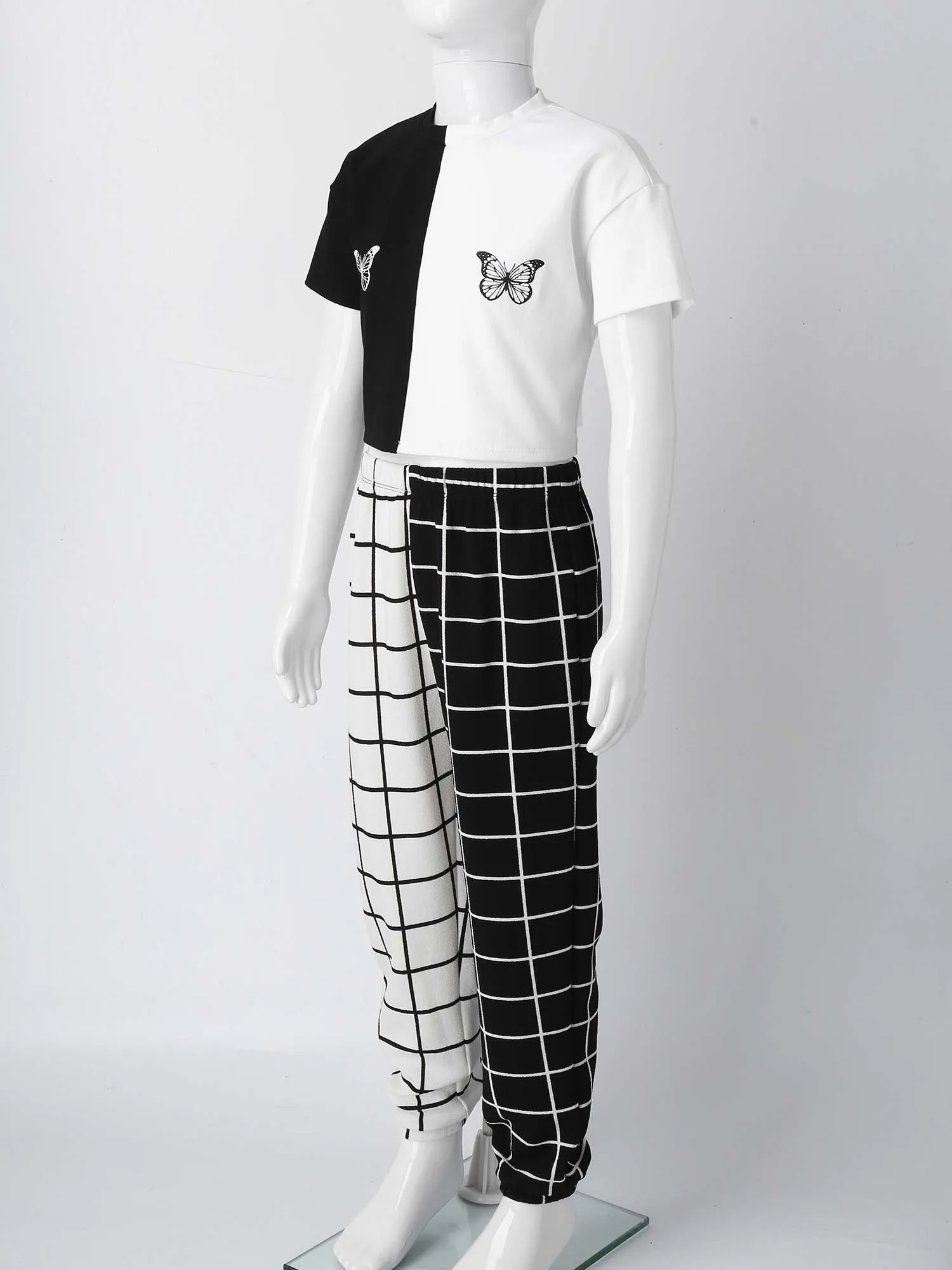 4-16Y Kids Girls Clothes Sets Butterfly Print Crop Tops+Plaid Pants Children Clothing Summer Teen Workout Dancewear Sports Sets