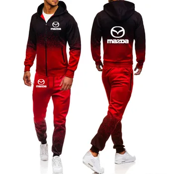 

Hoodies Men Mazda Car Logo Print Casual Harajuku Gradient color Hooded Fleece zipper Jacket Sweatshirt Sweatpants Suit 2pcs