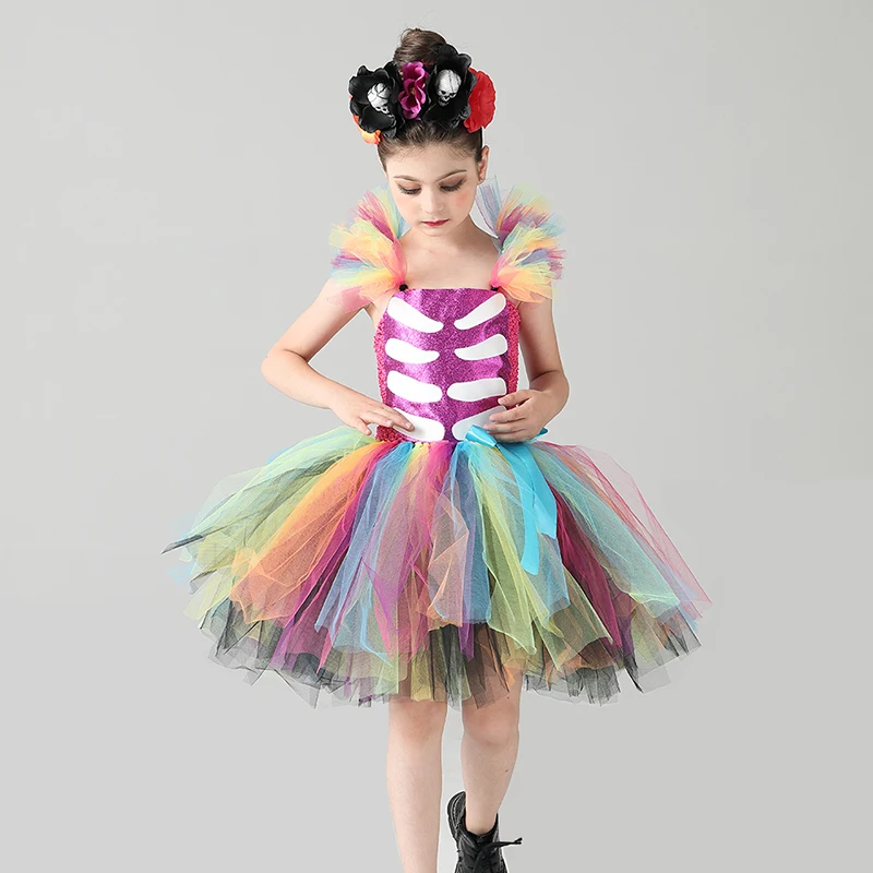 Day of the Dead Girl Skeleton Fancy Tutu Dress Halloween Dress Up Party Kids Baby Costume Funky Punk Bones Tutu Dress for Girls (4)