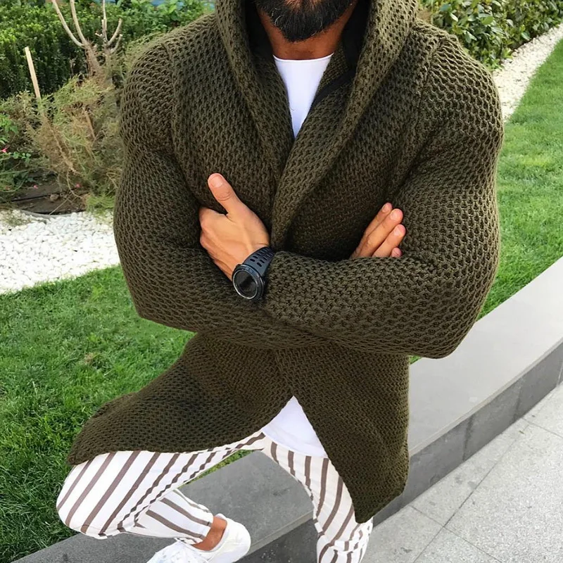 Cardigan Men Long Sleeve Midi Sweater Coat with Pocket Winter and Autumn Casual Solid Color Cardigans Pull Hooded sweater |