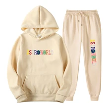 TRAVIS SCOTT ASTROWORLD Hoodies Letters Print Sweatshirt+Sweatpant Men's 2Pcs Sets Tracksuit Hooded Sportswear Running Pants