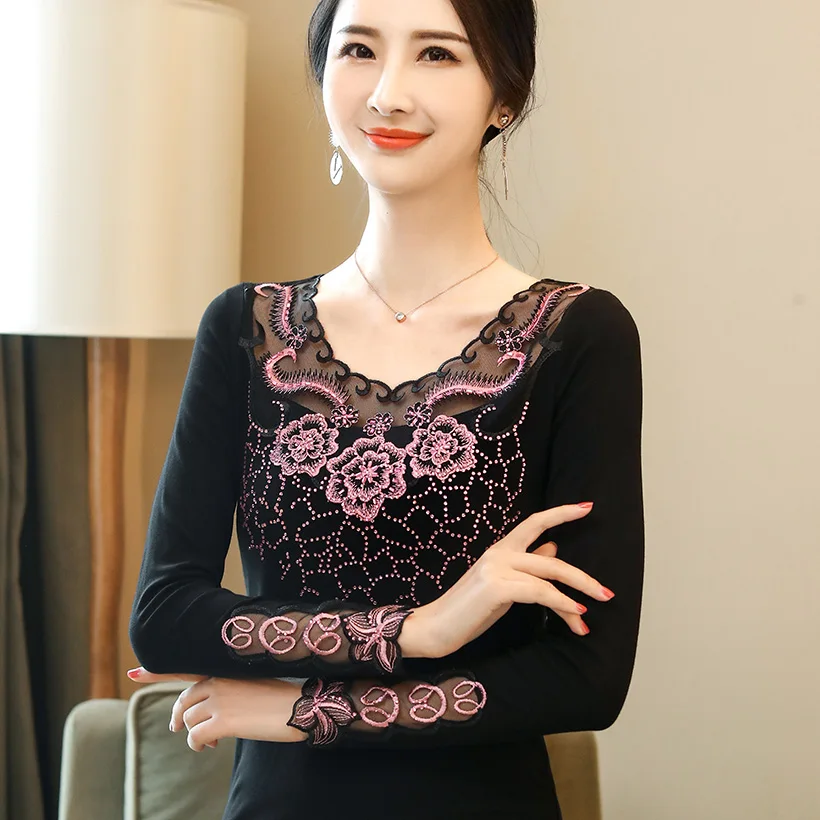 Blusas mujer de moda Осенняя Футболка со стразами с длинными рукавами модная повседневная открытая Сетчатая футболка больших размеров черные женские топы