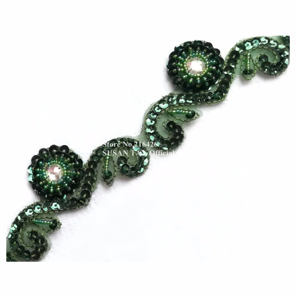 1yard 4.6cm Width Handmade Olive Green 3D Sequined Beaded Flower Lace Trimmings Sunrise Applique Dance Dress Costume DECOR BT90B