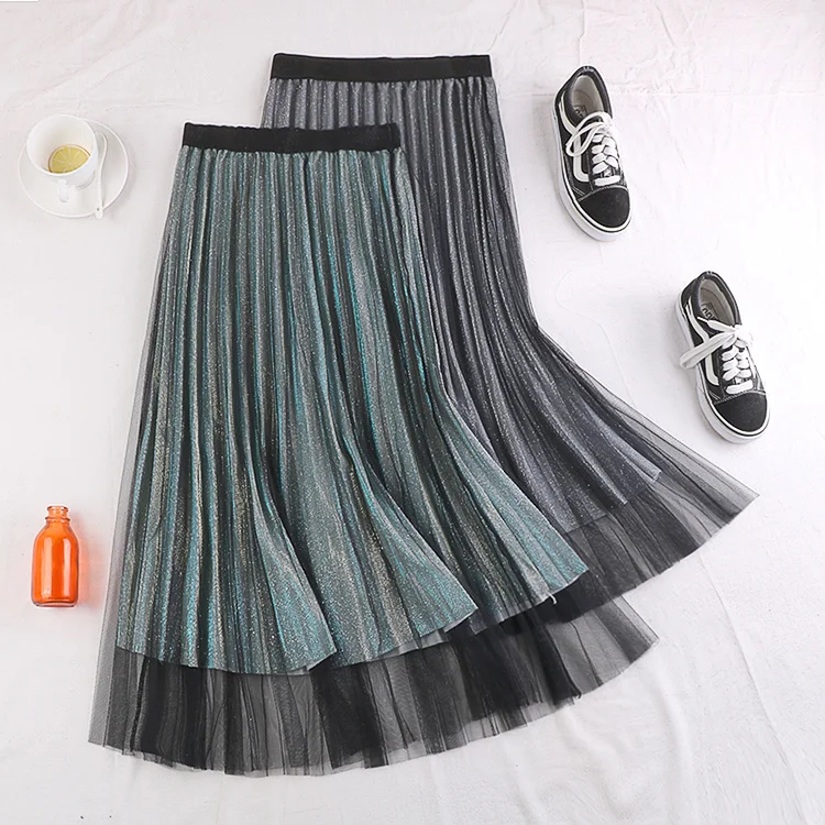 Винтажная эластичная плиссированная Тюлевая юбка средней длины с высокой талией трапециевидной формы для женщин, блестящие женские юбки saia saias, серые, черные