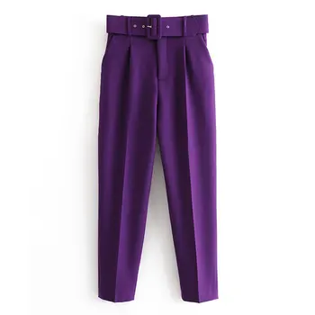 

Women elegant Purple pants sashes pockets zipper solid chic trousers ladies pantalones 2020