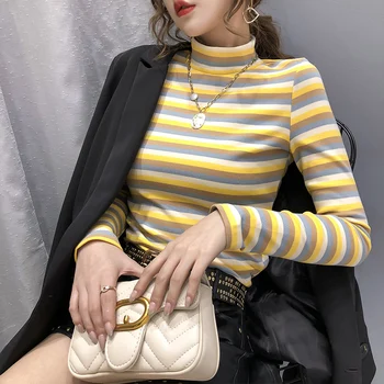 

Brushed plus Velvet Slim Fit Rainbow Stripes PURE Cotton Long-sleeved T-shirt Women's Half-Turtle-Neck Base Shirt Women's