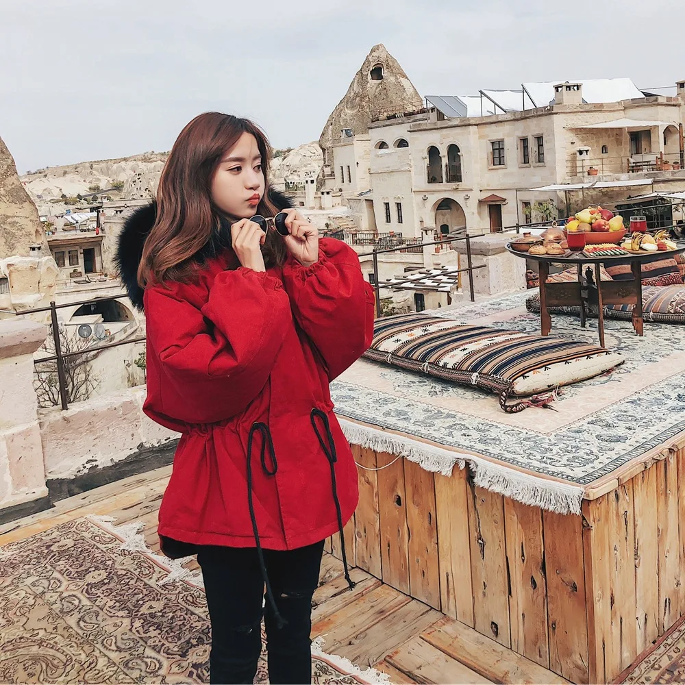 

Cotton Coat Women's 2018 Winter New Style Korean-style Retro CHIC Wind Mid-length Waist Hugging Slimming Hooded Fur Collar Cotto