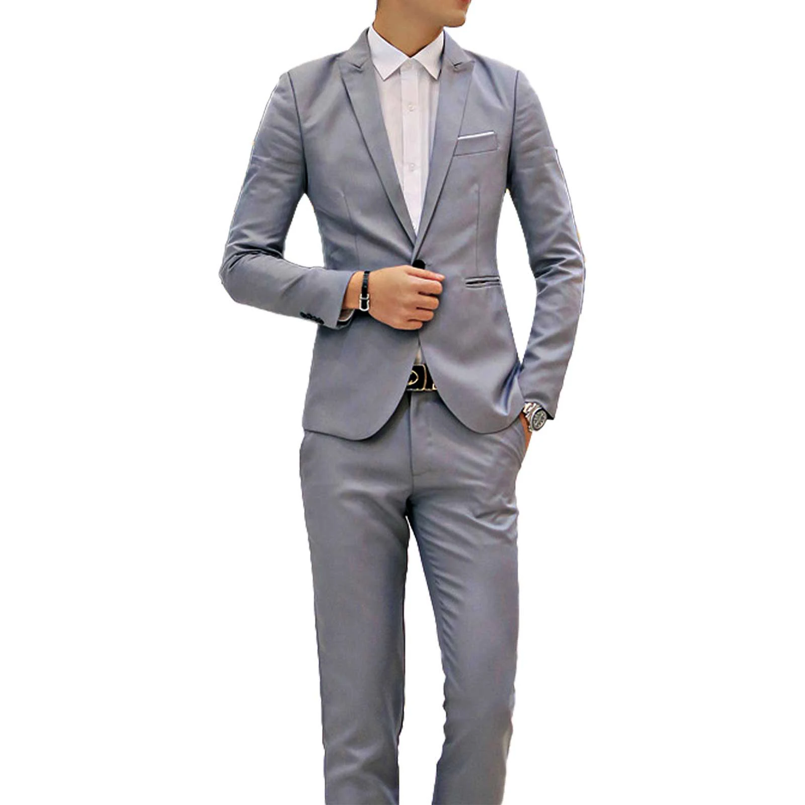 2Pcs Men Gentleman Suit One-Button Notch Flap Pockets Lapel Long Sleeve Jacket Blazer Long Pants Set for Office Meetings
