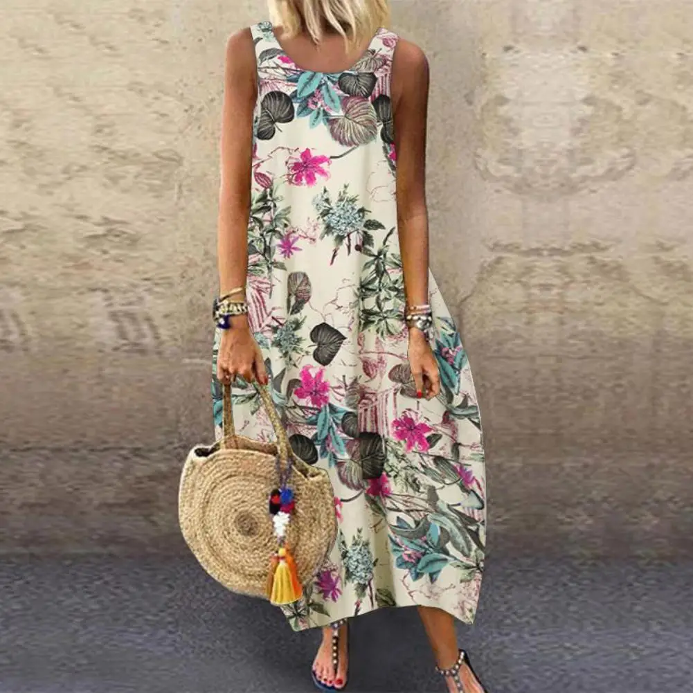 Summer Vintage Women Dress Sleeveless O Neck Leaves Floral Print Cotton Linen Long Baggy beach dress Red xxxxxl платье летнее