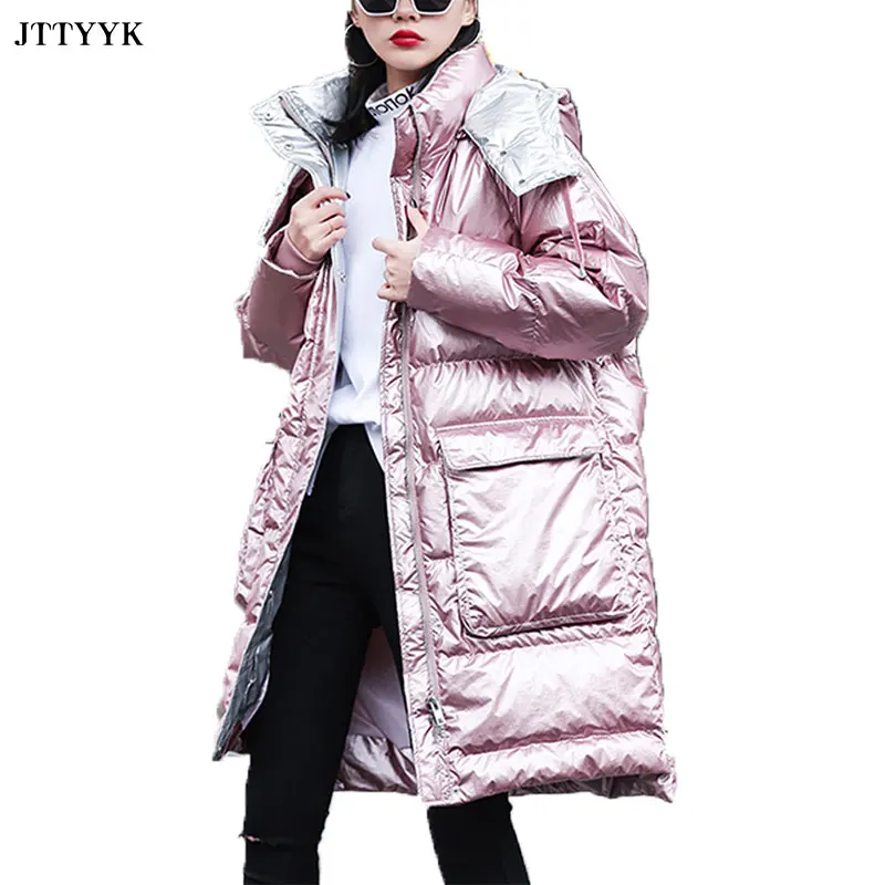 

Winter Parker Down Cotton Coats Women's New Hooded Stand Collar Shiny Contrast Coat Loose Thick Warm Casual Snow Jackets Womens