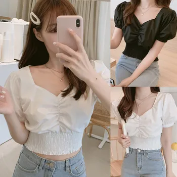 

Fashion Sexy blouse women Casual Short Puff Sleeve Solid V-Neck Ladies Short blouses bluzki damskie blusas feminina#35