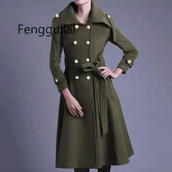 

New Cashmere Woolen Women Coat Winter Vintage Fashion Solid Sashes Double-Breasted Long Uniform Coat Manteau Femme Abrigos Mujer