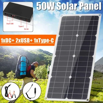 

New 50W 18V Mono Solar Panel Dual USB Type-C 12V/5V DC Monocrystalline Flexible Solar Charger For Car RV Boat Battery Charger