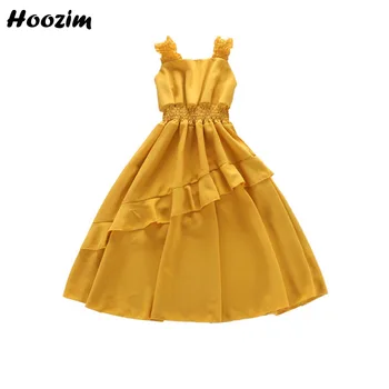 

2020 High Street Minimalist Solid Ruffle Elastic Waist Suspender Dress Girls 4-12 Age Simple Yellow Backless Sling Dresses Child