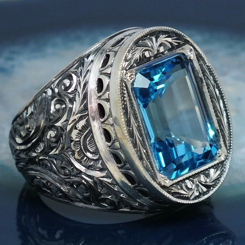 Винтажное стильное резное кольцо с голубым кристаллом, роскошные драгоценности из серебра и камней для мужчин и женщин, подарок на день рождения на годовщину