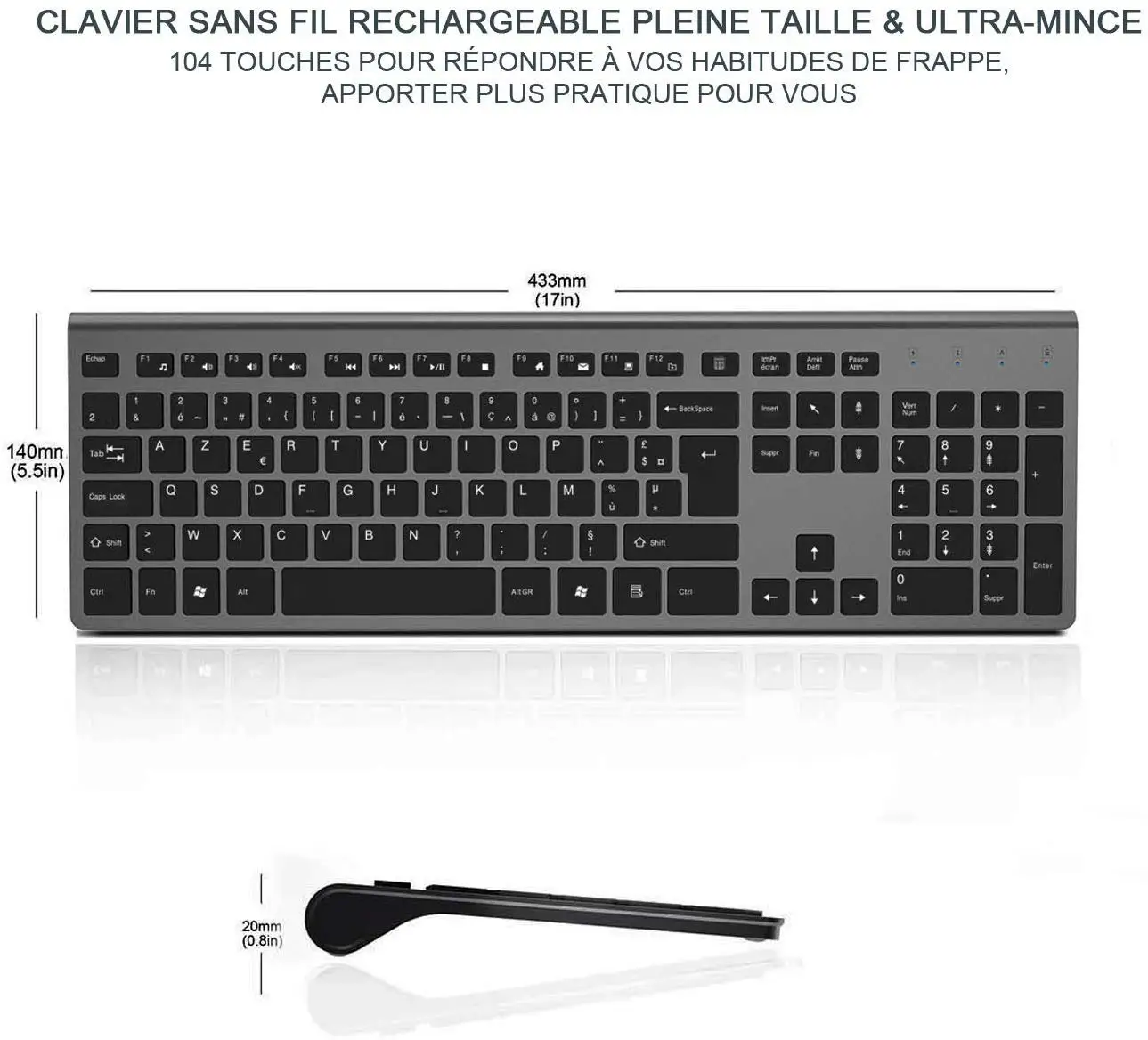 Set composto da tastiera e mouse wireless con layout francese - Tastiera numerica AZERTYU sottile e di dimensioni standard con batteria integrata._voghion.com