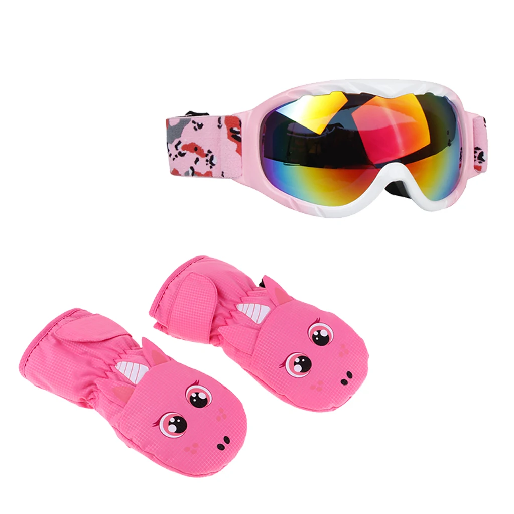 Snow Glasses Ski Goggles Anti UV Dustproof UV Protection with Winter Gloves Kids Ski Goggles Kids Ski Mittens