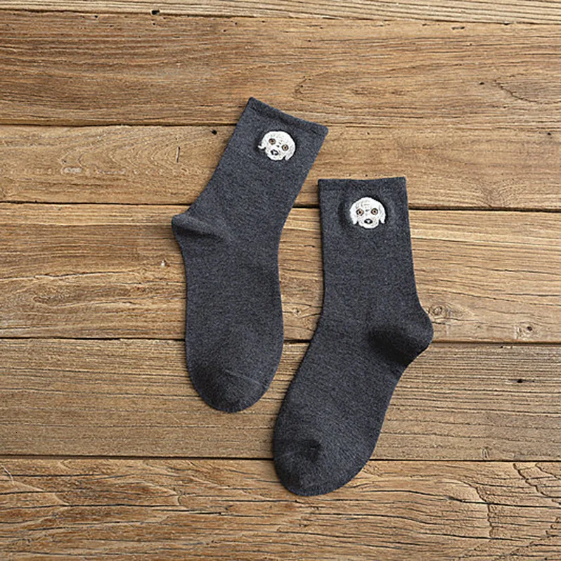 PEONFLY/1 пара осенне-зимних Хлопковых Носков, женские милые носки с мультяшной вышивкой и принтом собаки, повседневные женские хлопковые носки - Цвет: Darkgrey