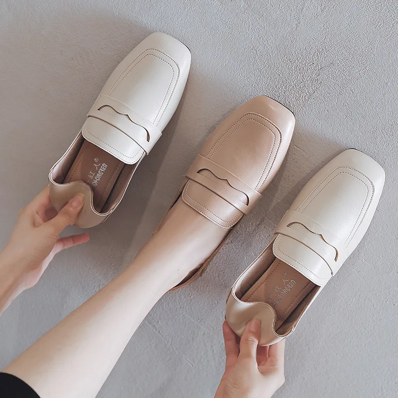 

W Red Man Loafers Women's 2019 Summer Slip-on British-Style Small Leather Shoes Students Square Head Shoes Women's Chunky-Heel