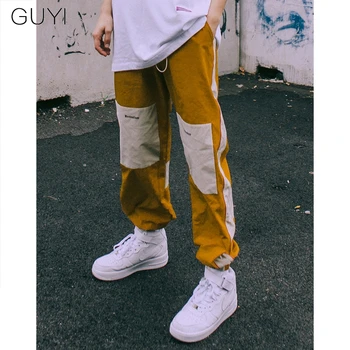 

Panelled Patchwork Pockets Side Striped Elastic Sweatpants For Men Hip Hop Male Trousers Joggers Casual Streetwear Pencil Pants